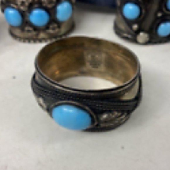 Set of 4 Two's Company Sterling Blue Turquoise Gemstone Napkin Rings With Bag - Picture 1 of 6